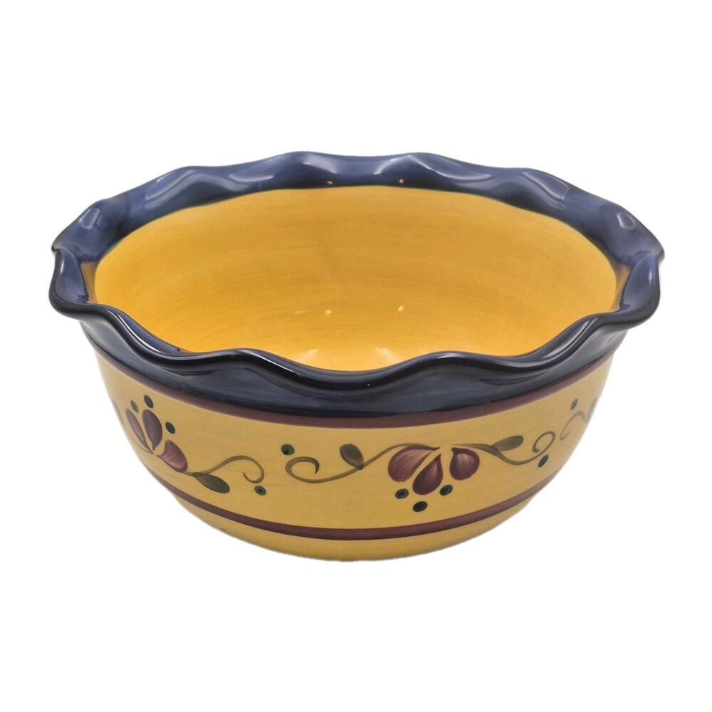 Vintage Stoneware Floral Salad Serving Bowl Blue Rim Yellow Interior 8.5x4"